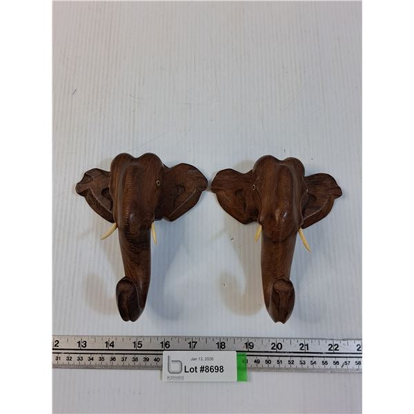 (2) Wood Carved Elephant  Hangers - 6.5" Long
