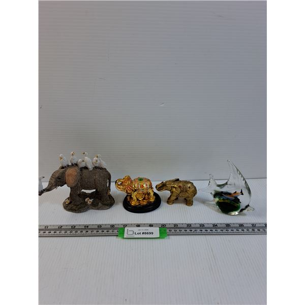 (4) Figurines: Elephants, Glass Fish Paper Weight