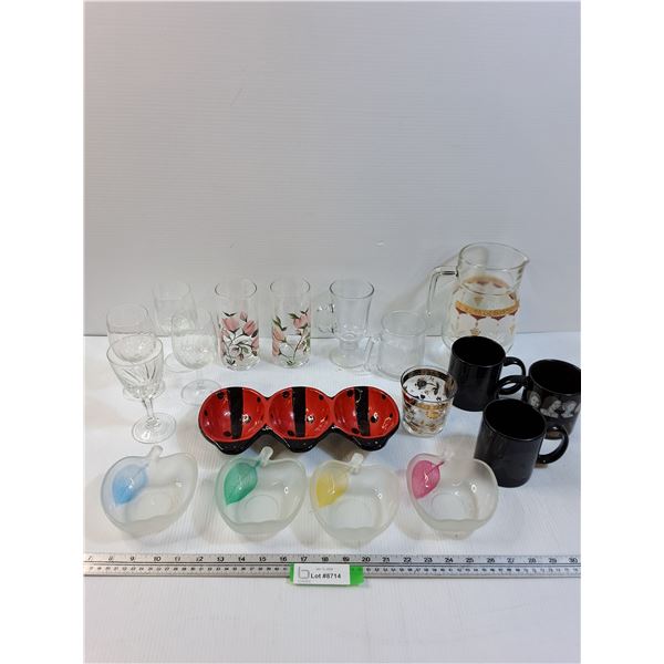 Dishes Lot: Serving Bowls, Mugs, Wine Glasses, Pitcher, Misc