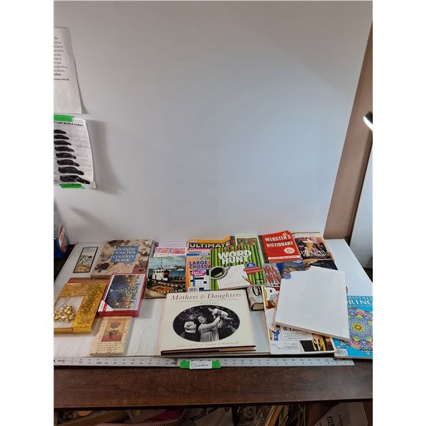 Lot of Various Books, Word Hunt, Dictionary, Gift Supplies, Cards, Misc