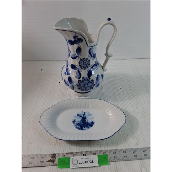 Floral Design Ceramic Pitcher w/ Oval Shaped Windmill Design Dish,  Decorated In Holland