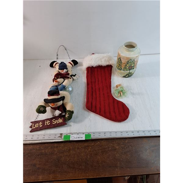 Christmas Decor Lot, Stocking, Let it Snow Snowman Wall Hanging Decor, Painted Jar, Misc
