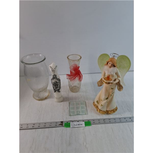 (2) Clear Glass Vases, Light up Angel Ornament, As Is, Coasters, Misc