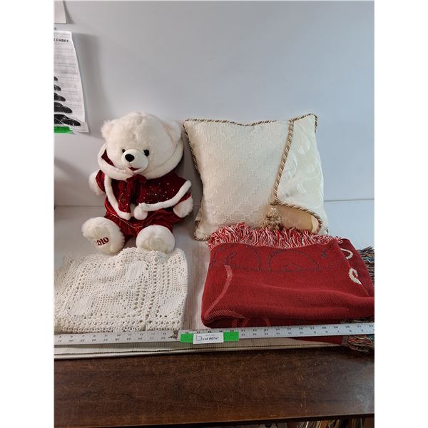 Christmas Themed Teddy Bear, Couch Pillow, End Table Tablecloth, Misc