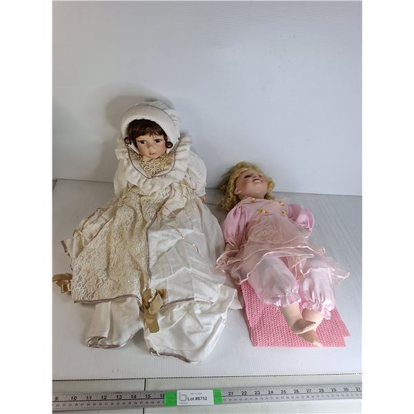 (2) Vintage Doll, Plastic White Dress, Ceramic Pink Dress