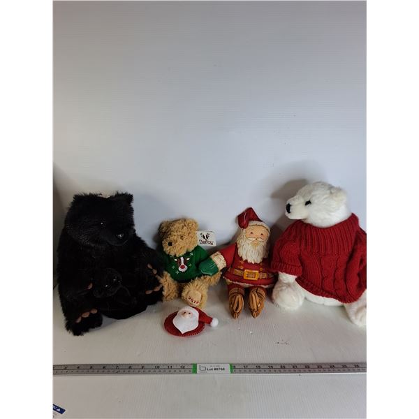 (4) Various Stuffies- Black Bear, Christmas