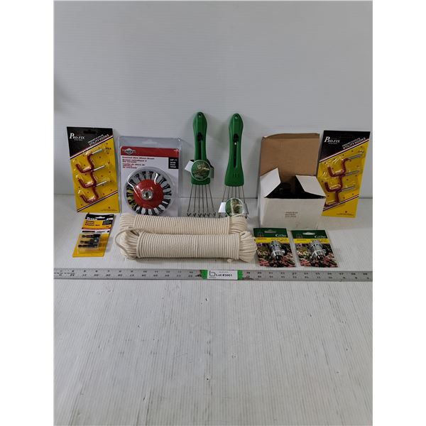 NOS Tool and Hardware Lot-(2) General Purpose Rope Braid,(2) Utility Hook,Knotted Wire Wheel Brush a