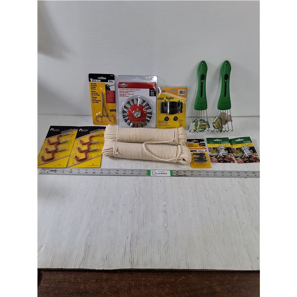 NOS Tool and Hardware Lot-(2) General Purpose Rope Braid,(2) Utility Hook,Knotted Wire Wheel Brush a