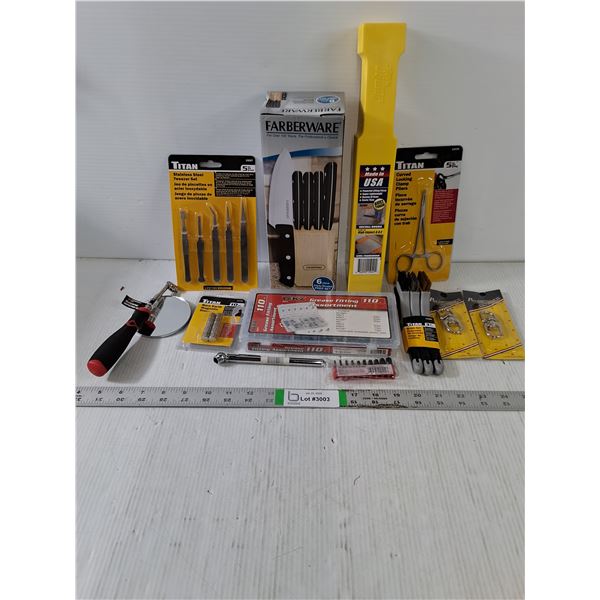 NOS Tool/Hardware Lot-Knife Set,Grease Fitting Ass't,Tweezer Set and more in pictures