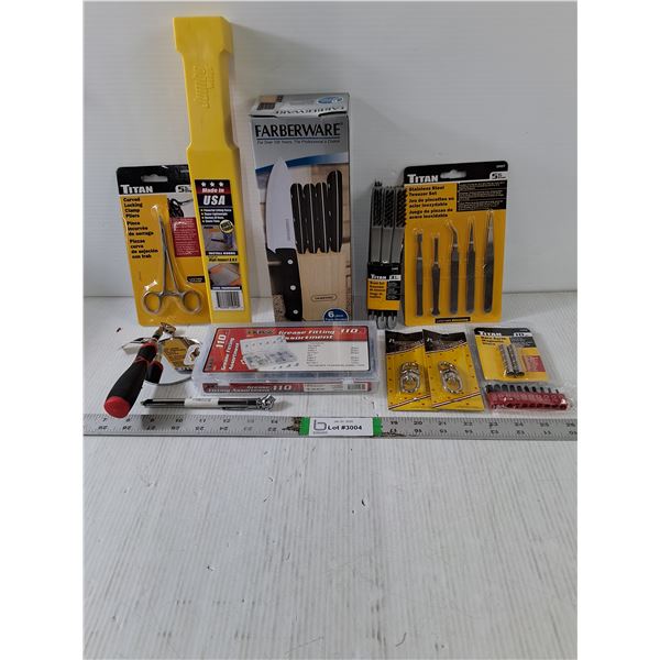 NOS Tool/Hardware Lot-Knife Set,Grease Fitting Ass't,Tweezer Set and more in pictures