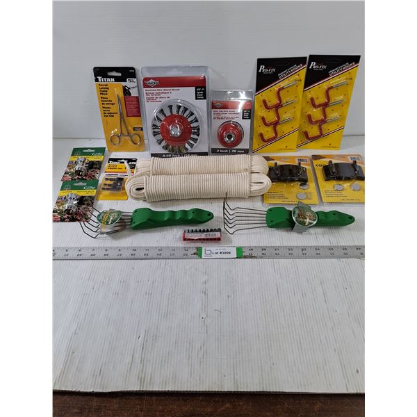 NOS Tools and Hardware Lot-(2) Braided Rope,(2)Wire Wheel Brush,(2) Cap Lights and more in pictures