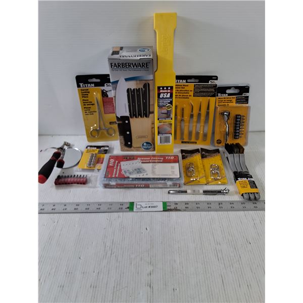 NOS Tool/Hardware Lot-Knife Set,Grease Fitting Ass't,Tweezer Set and more in pictures