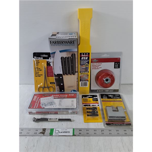 NOS Tool/Hardware-Knife Set,Wire Wheel Brush,Grease Fitting Ass't and more in pictures