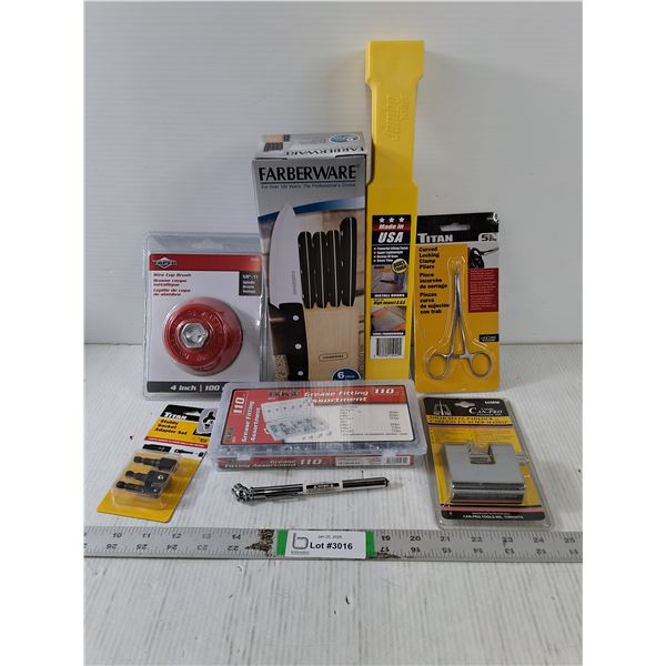 NOS Tool/Hardware-Knife Set,Wire Wheel Brush,Grease Fitting Ass't and more in pictures