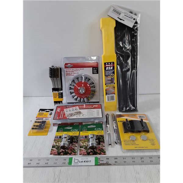 NOS Tool/Hardware-Hose Clamp Ass't,Wire Wheel Brush,Cable Ties and more as pictured