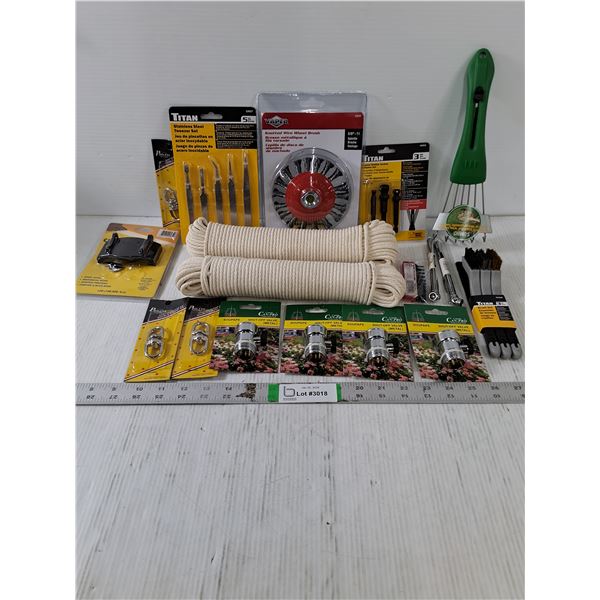 NOS Tool and Hardware Lot-(2) General Purpose Rope Braid,(2) Utility Hook,Knotted Wire Wheel Brush a