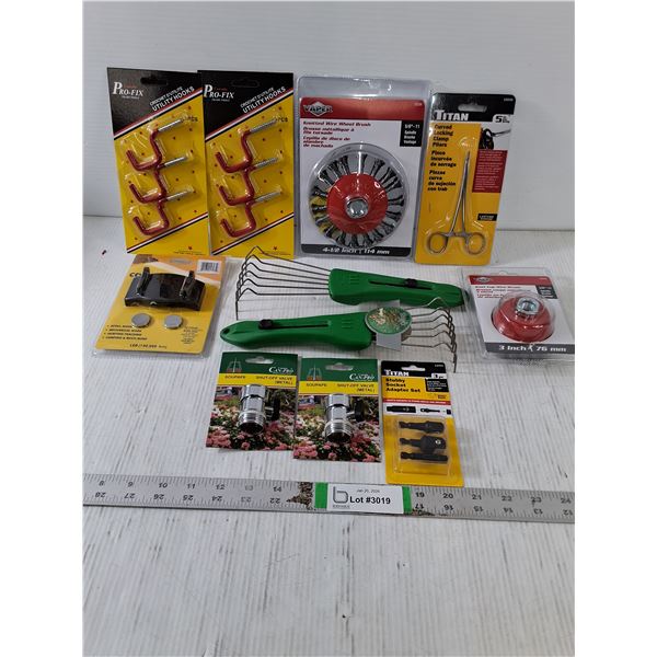 NOS Tool/Hardware-Wire Wheel Brush(2),Utility Hooks(2),Cap Light and more as pictured