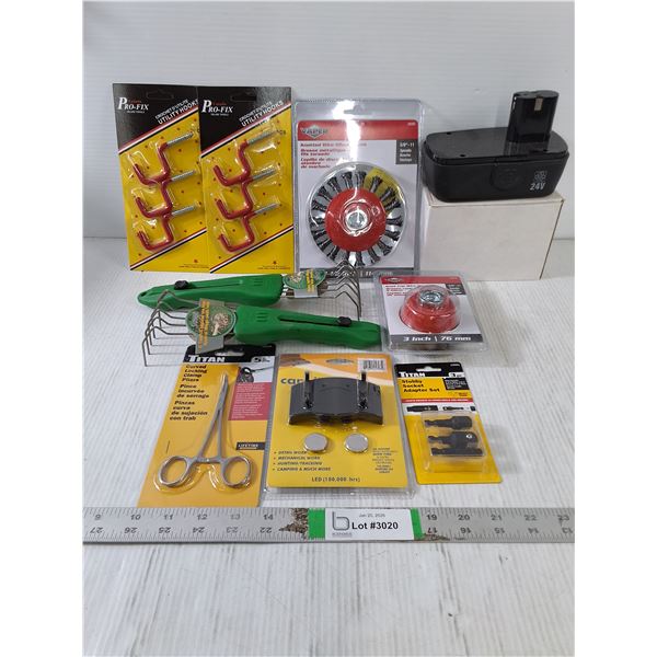 NOS Tools/Hardware-(2) Utility Hooks,24V Battery,(2) Wire Brush and more in pictures