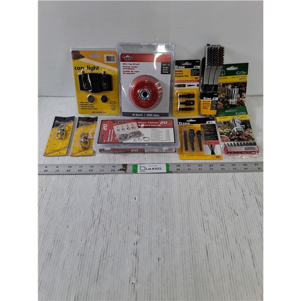 NOS Tool/Hardware-Wire Cup Brush,Cap Light,Hose Clamp Ass't,Brush Set and more as pictured
