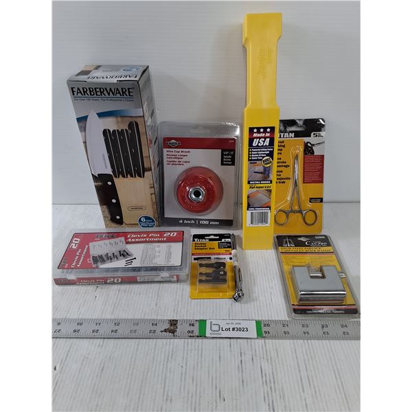 NOS Tool/Hardware-Knife Set,Clevis Pin Ass't,Jumbo Wedge,Padlock and more as pictured