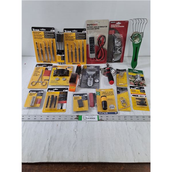 NOS Tool/Hardware-Battery/Voltage Tester,Safety Glasses,(2) Tweezer Sets and more in pictures