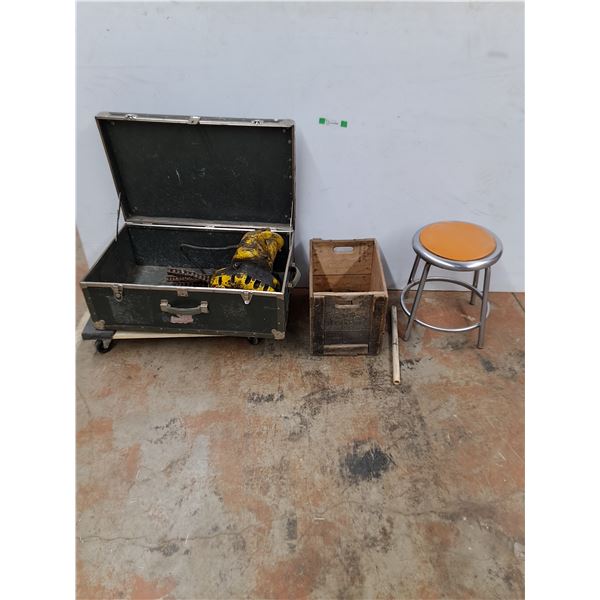 * Budgit Hoist w/ Storage Box, Metal Stool, Vintage Crate, Misc All As Is,  Dolly Not Incl - NO SHIP