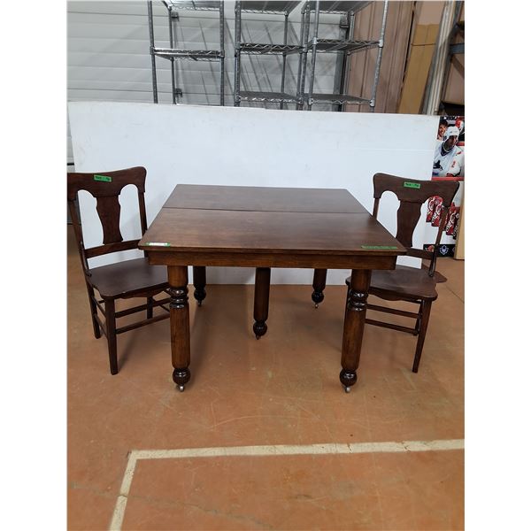* Vintage Wooden Dining Table w/Castors & (2) Dining Chairs - CANNOT SHIP