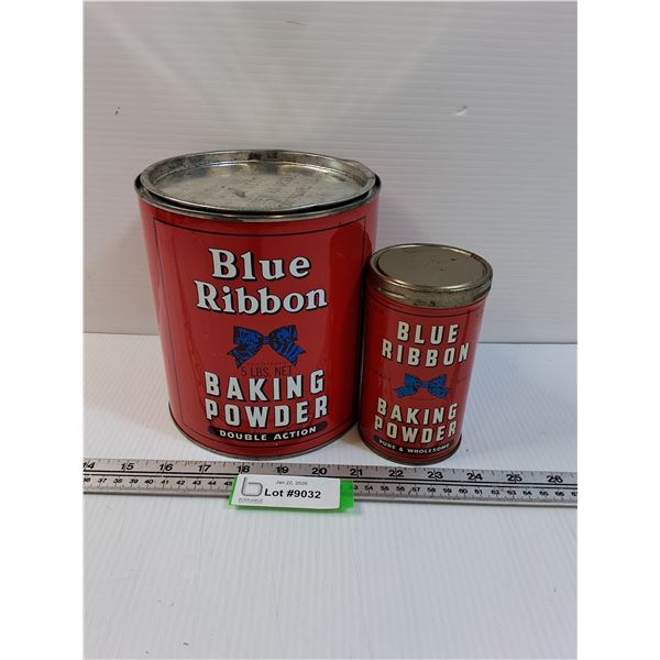 (2) Blue Ribbon Baking Powder Tins - 7"  & 5" Tall