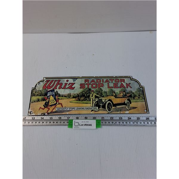 Whiz Stop Leak Enamel Metal Sign - 14" x 5"