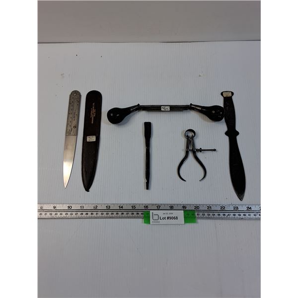 (5) Vintage Hand Tools: Draw Knife, Caliper, Ruler, Throwing Knife, Wood Carving Chisel