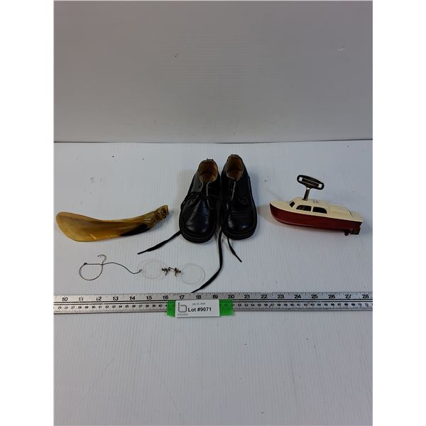 Vintage Reading Spectacles, Toddler Leather Shoes, Shoe Horn, Wind-up Toy Boat