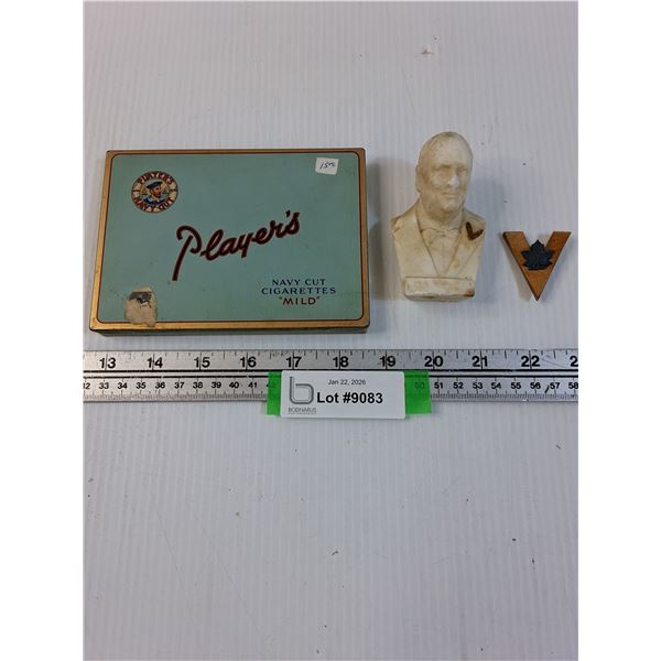 Winston Churchill Bust (Plaster) & Victory Pin & Players Tobacco Tin