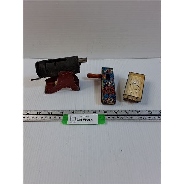 Toy Lot: Corgi Wagon, Noise Maker, Toy Cannon Dart Shooter