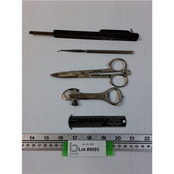 (5) Vintage Hand Tools: Fishing Pliers, Arrowhead Bottle Opener, Ruler