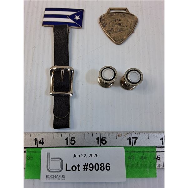 Cuban Enamel Flag Tag on Leather Strap, Champion Tractor Metal Tag, Double Sided Snap Cufflinks