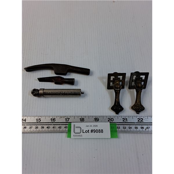 (2) Jewelers Hammer Heads, Air Pressure TESTER, (2) Antique Furniture Handles