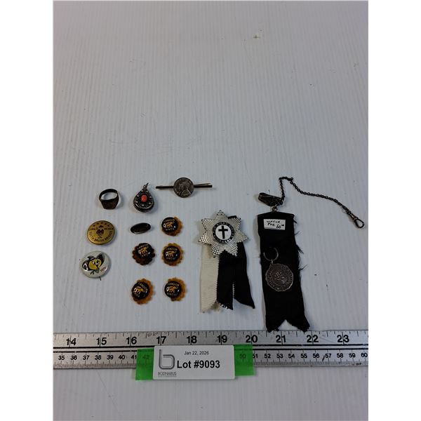 Lot: Medallions, Boy Scout Ring, Various Vintage Pins