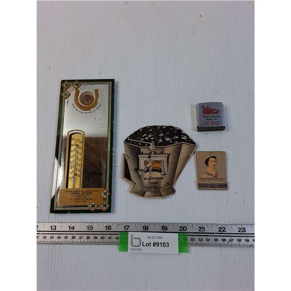Lot: Vintage Zippo Measuring Tape, Temperature Gauge, Blazemore Coal Sewing Needle Set - Queen Eliza