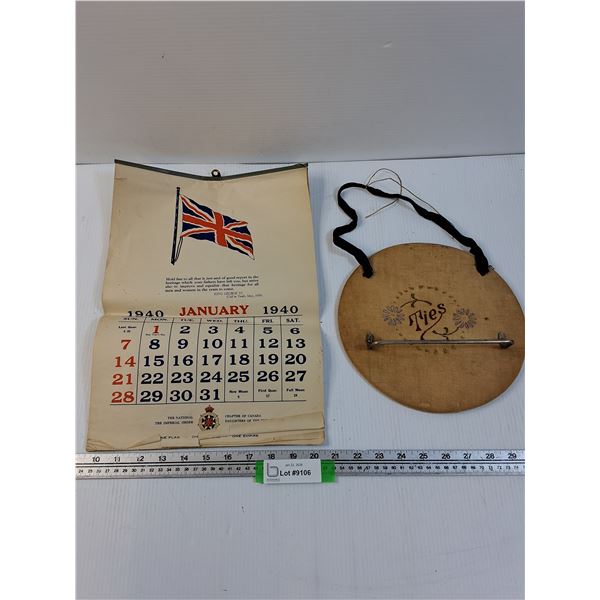 January 1940 Wall Calendar & Tie Holder