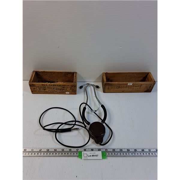 (2) Vintage Wooden Cheese Crates & Radio Stethoscope