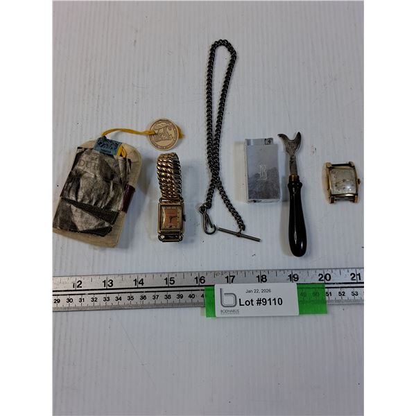 Lot: Vintage Watches & Chain, Durham Smoking Tobacco Bag, Lighter, Misc