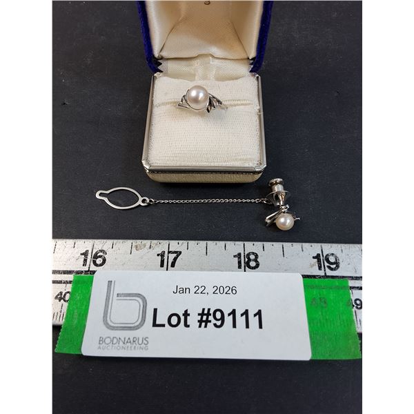 Silver & Pearl Ladies Ring - Size 7 & Neck Tie Chain Set