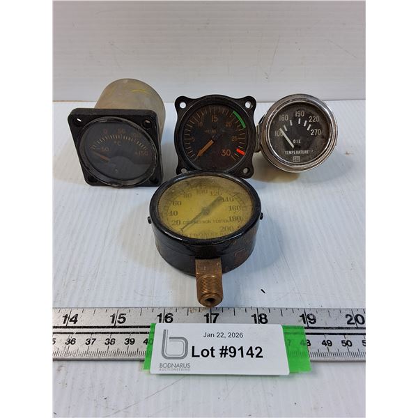 (4) Vintage Gauges: Compression Tester, Oil, Pressure, Temperature - As Is, Untested