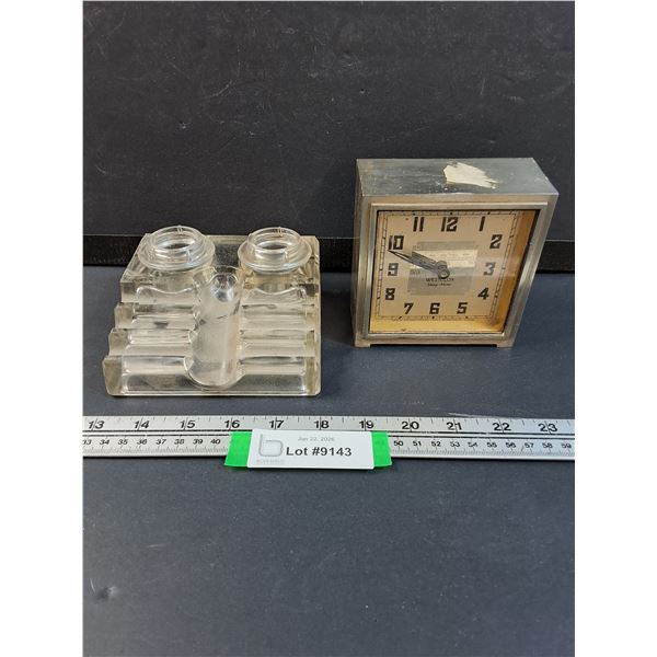 Vintage Glass Dual Ink Well & Westclox Winding End Table Clock - As Is