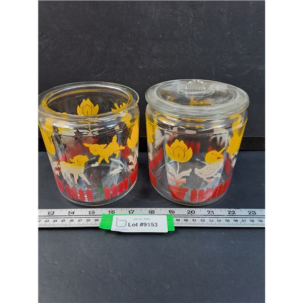 (2) Anchor Hocking Glass Canisters Baby Animals Pattern (One Has Chips and no Lid) - 5.5" Tall