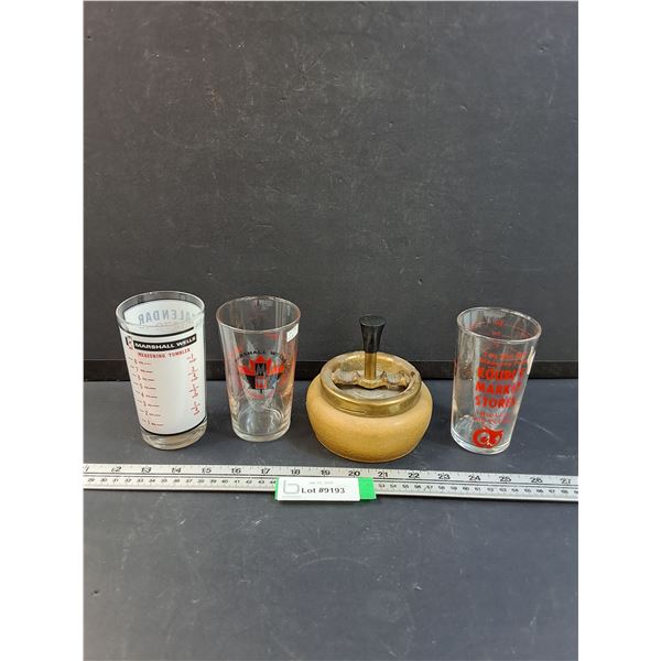 Roulette Ashtray & (3) Glasses: Marshall Wells & Koui's Market Store