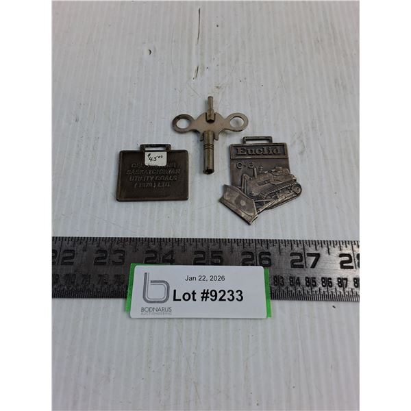 (2) Vintage Brass Tags - Euclid & Saskatchewan Utility Coals, Key Wind