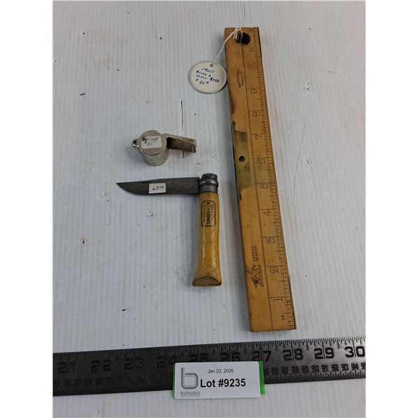 Antique Ruler Level, Vintage Boy Scout Whistle & Opinel Jack Knife