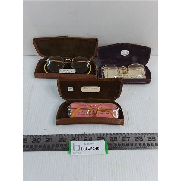 (3) Antique Sets of Eye Glasses w/Cases