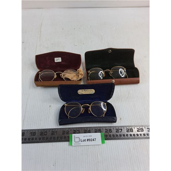 (3) Antique Sets of Eye Glasses w/Cases